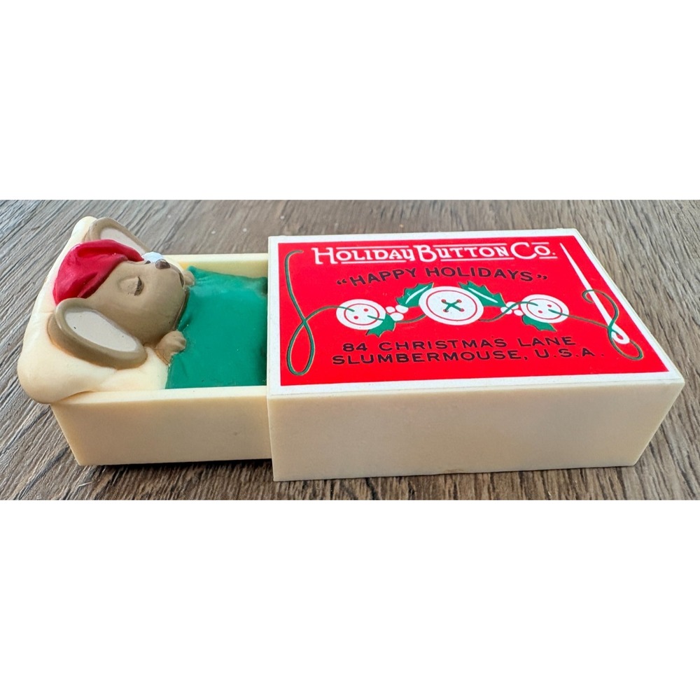 Vintage 1984 Hallmark Cards Christmas Mouse Sleeping in Button Box Plastic 3"